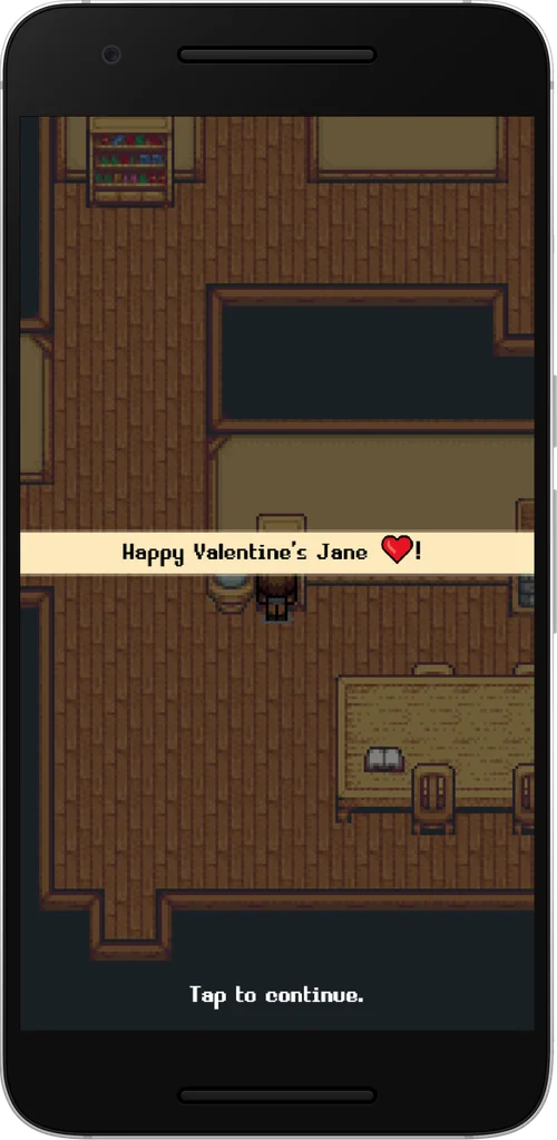 A Love Notes game on a phone, showing the message Happy Valentine's Jane